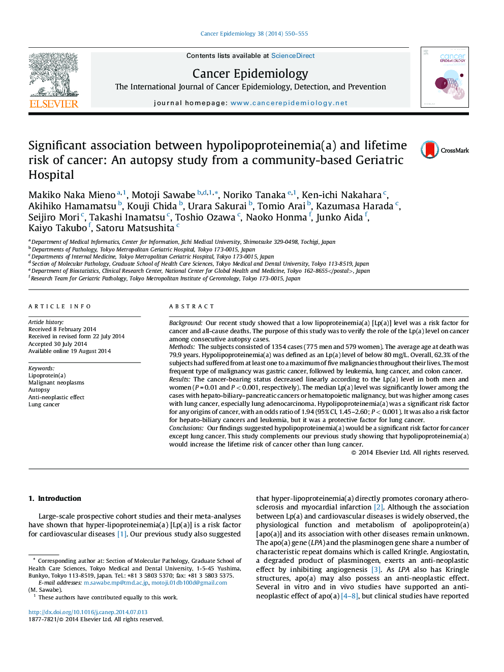 Significant association between hypolipoproteinemia(a) and lifetime risk of cancer: An autopsy study from a community-based Geriatric Hospital