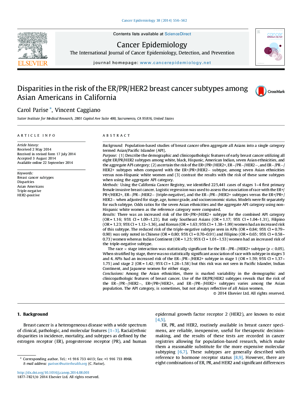 Disparities in the risk of the ER/PR/HER2 breast cancer subtypes among Asian Americans in California