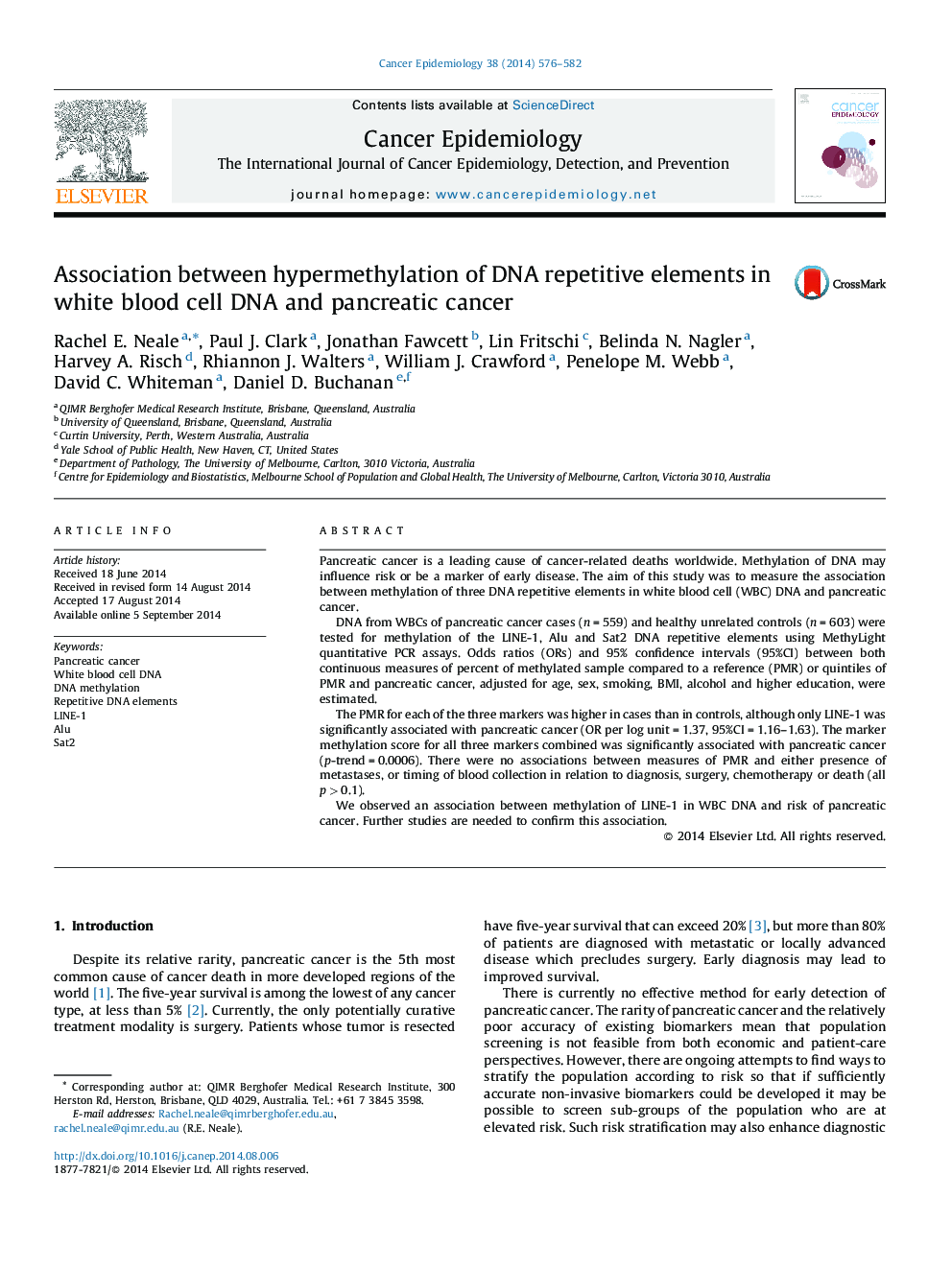 Association between hypermethylation of DNA repetitive elements in white blood cell DNA and pancreatic cancer