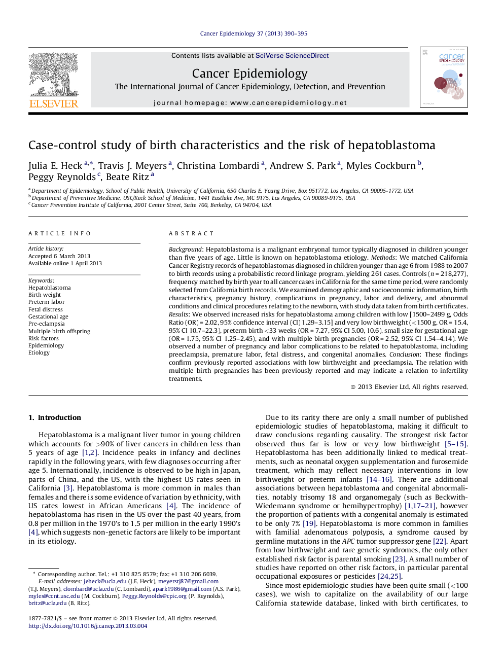 Case-control study of birth characteristics and the risk of hepatoblastoma