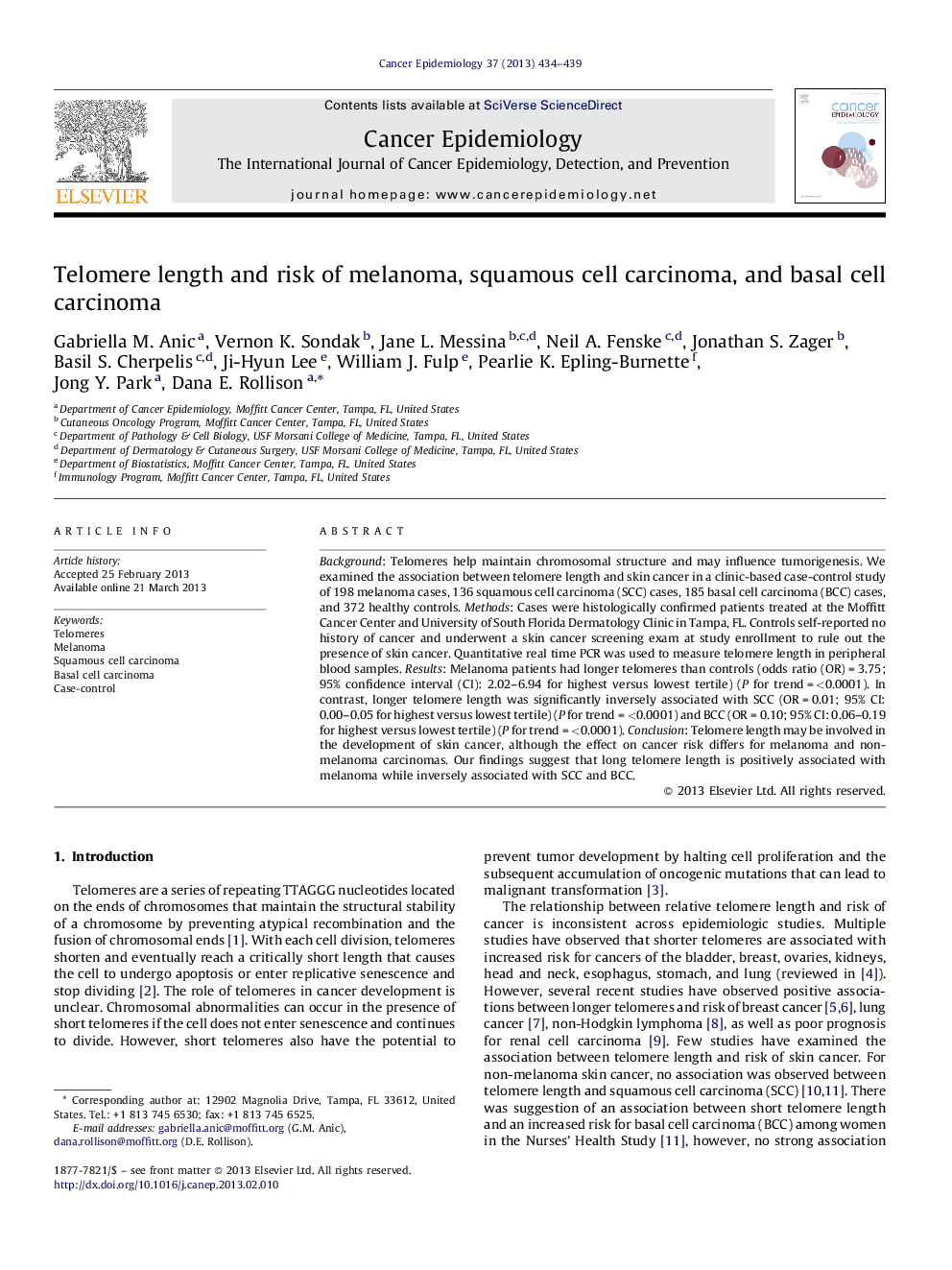 Telomere length and risk of melanoma, squamous cell carcinoma, and basal cell carcinoma