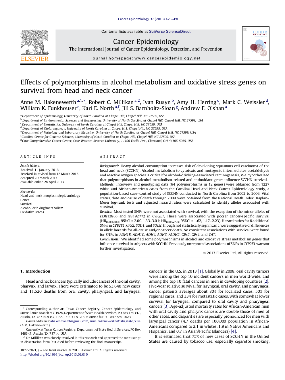 Effects of polymorphisms in alcohol metabolism and oxidative stress genes on survival from head and neck cancer