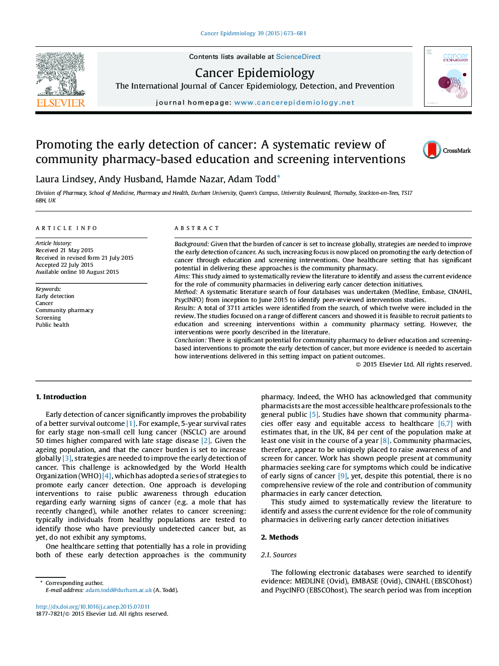 Promoting the early detection of cancer: A systematic review of community pharmacy-based education and screening interventions