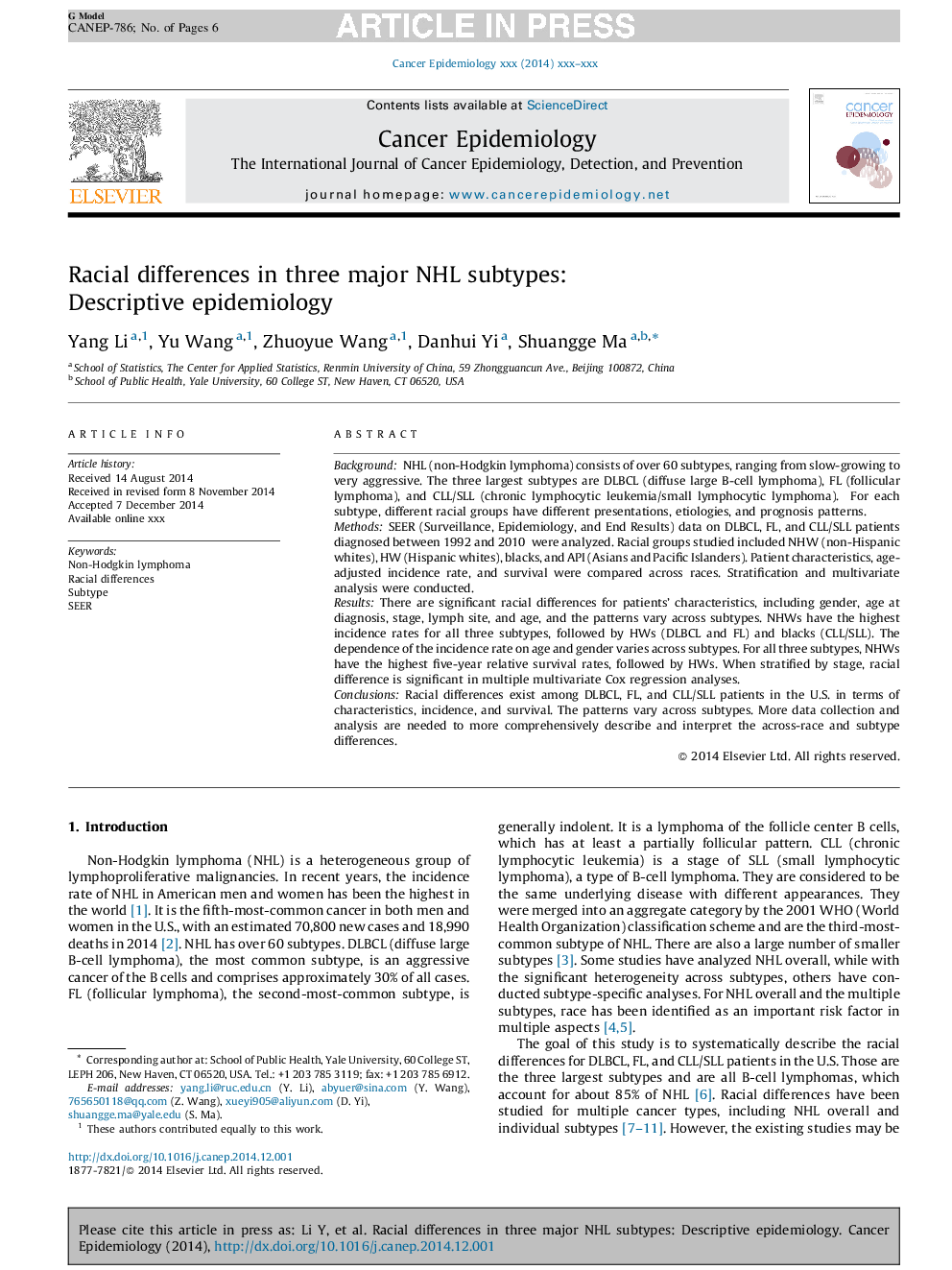 Racial differences in three major NHL subtypes: Descriptive epidemiology