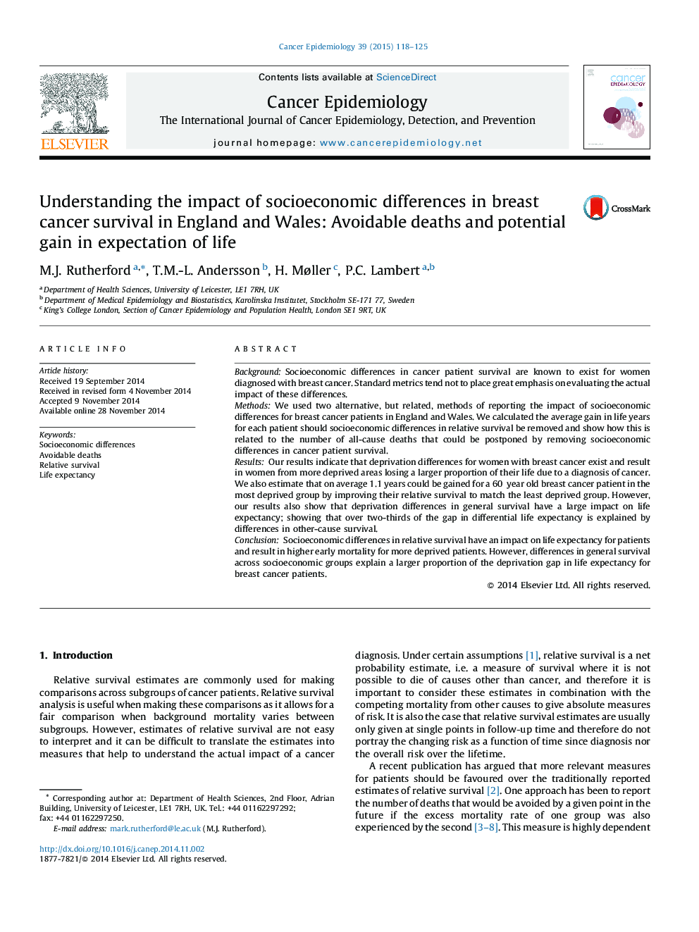 Understanding the impact of socioeconomic differences in breast cancer survival in England and Wales: Avoidable deaths and potential gain in expectation of life