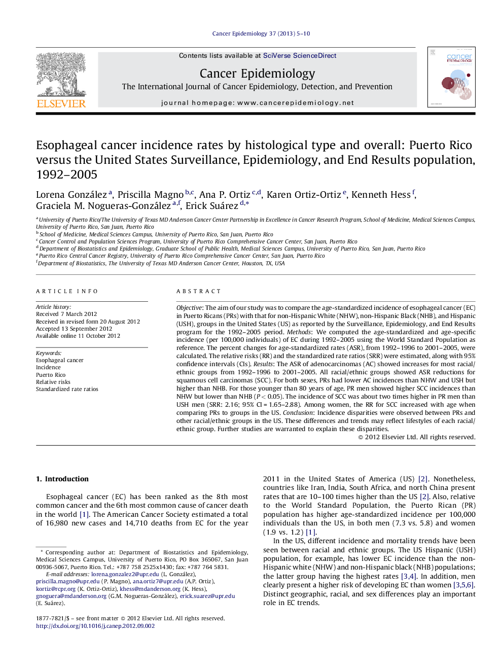 میزان بروز سرطان مری با نوع بافتشناسی و کلی: پورتوریکو در مقایسه با ایالات متحده نظارت، اپیدمیولوژی و نتایج پایانی جمعیت، سالهای 1992-2005 