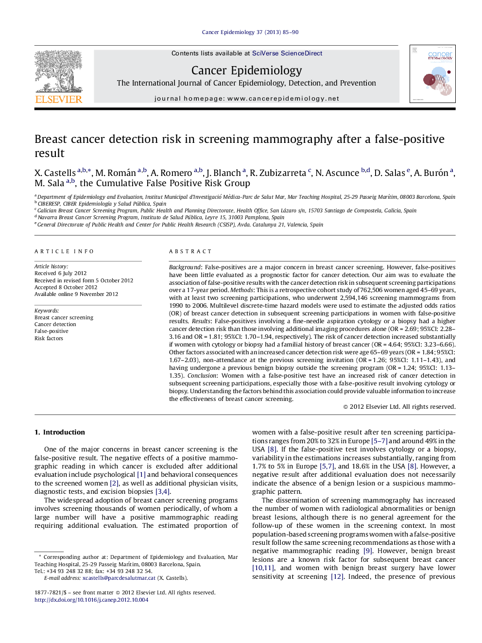 Breast cancer detection risk in screening mammography after a false-positive result