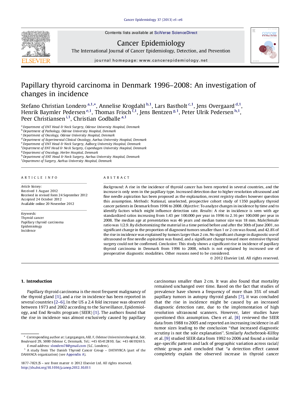 Papillary thyroid carcinoma in Denmark 1996-2008: An investigation of changes in incidence