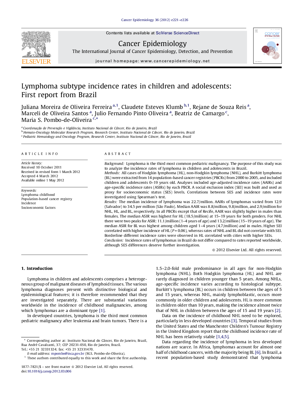 Lymphoma subtype incidence rates in children and adolescents: First report from Brazil