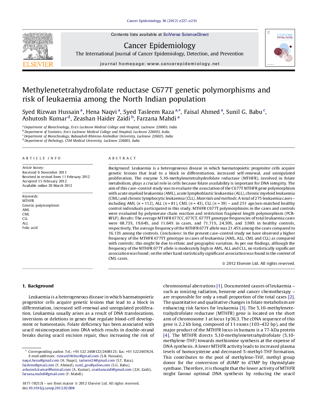 Methylenetetrahydrofolate reductase C677T genetic polymorphisms and risk of leukaemia among the North Indian population