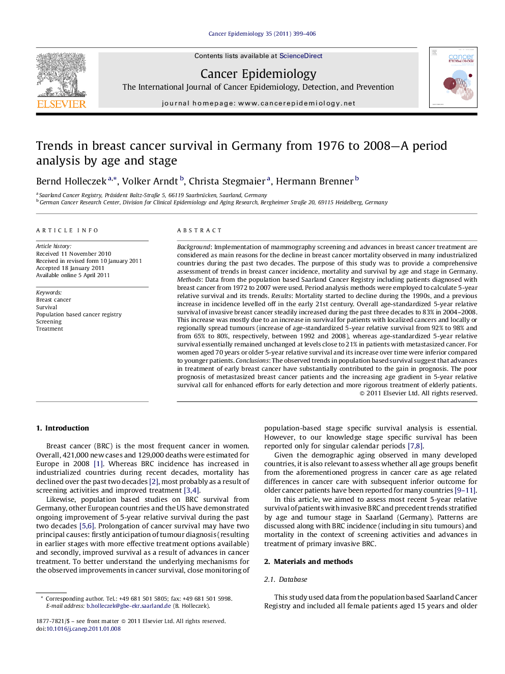 Trends in breast cancer survival in Germany from 1976 to 2008-A period analysis by age and stage