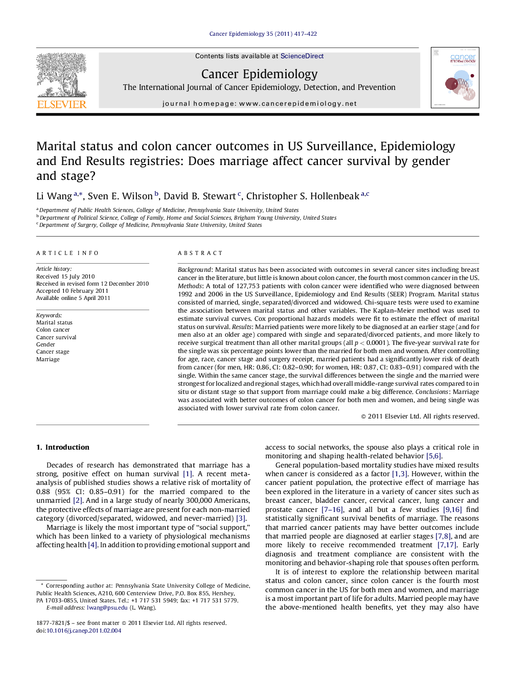 Marital status and colon cancer outcomes in US Surveillance, Epidemiology and End Results registries: Does marriage affect cancer survival by gender and stage?