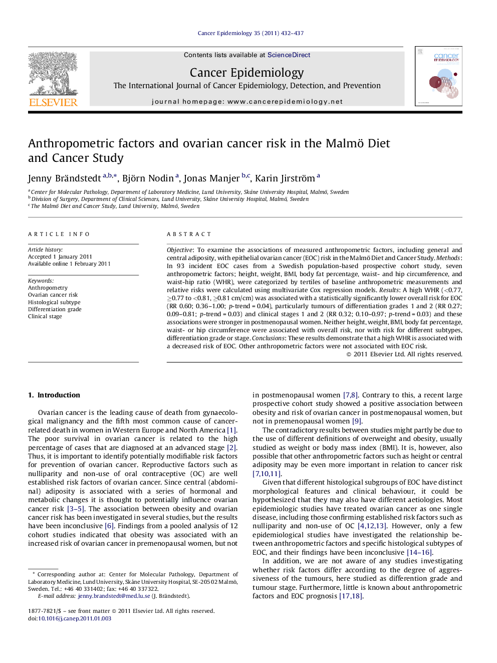 Anthropometric factors and ovarian cancer risk in the Malmö Diet and Cancer Study