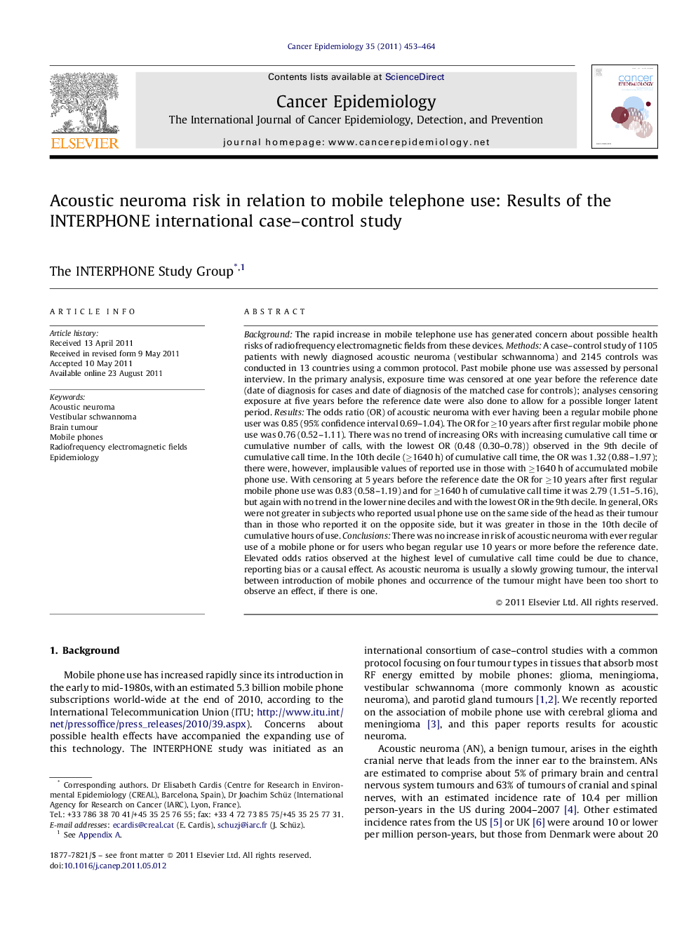 Acoustic neuroma risk in relation to mobile telephone use: Results of the INTERPHONE international case-control study