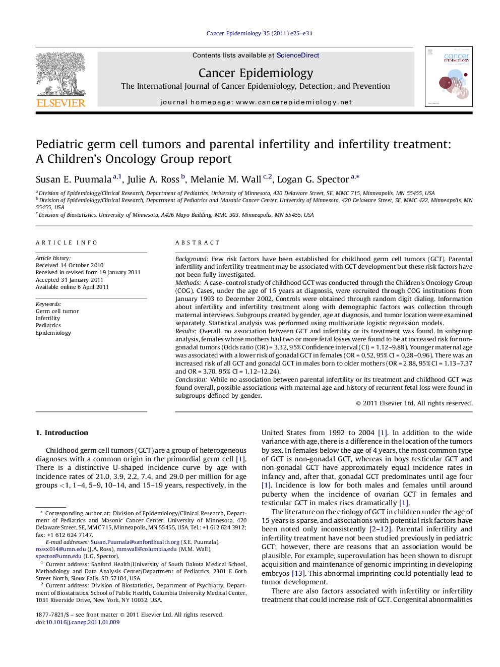 Pediatric germ cell tumors and parental infertility and infertility treatment: A Children's Oncology Group report