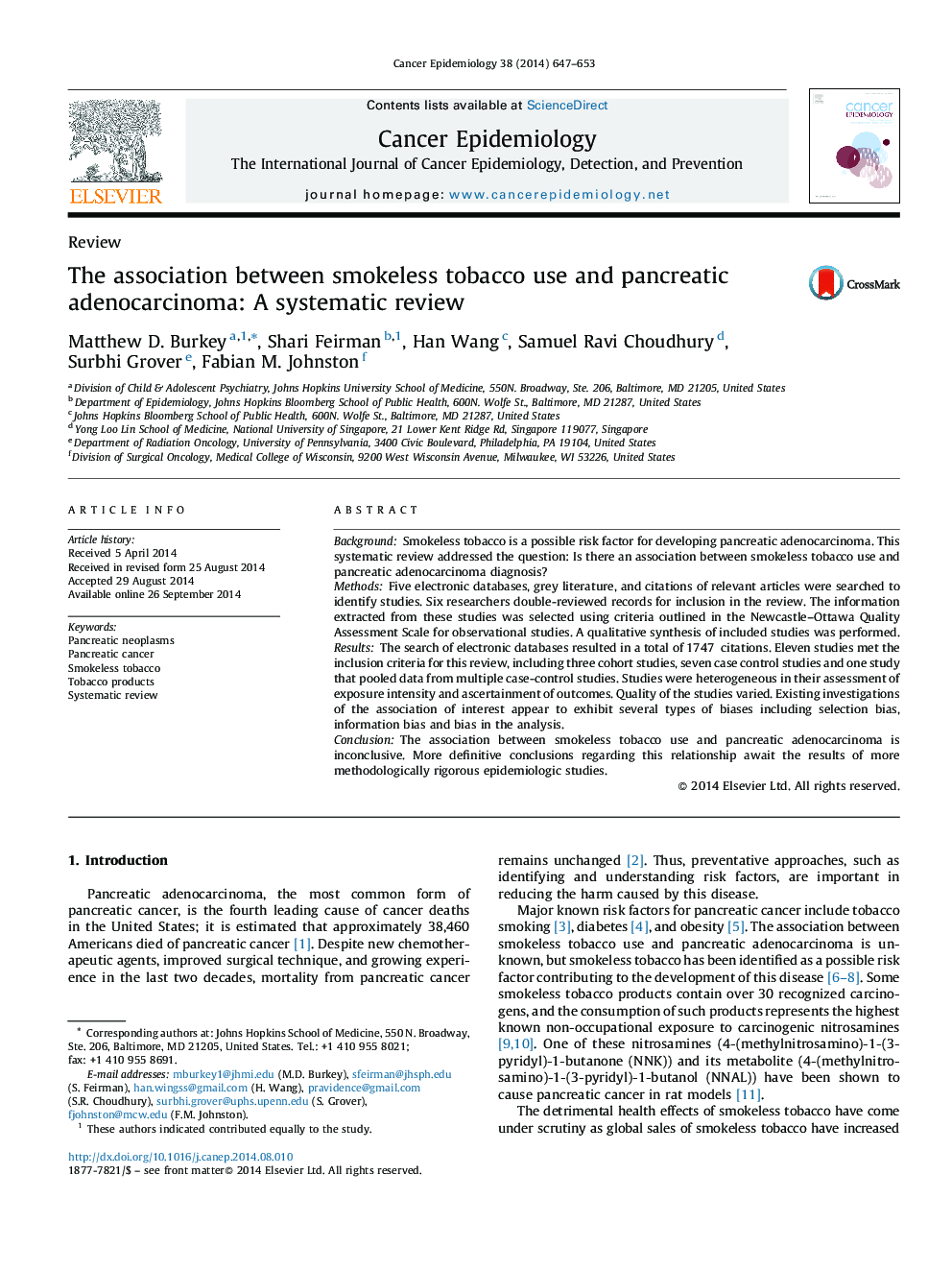 The association between smokeless tobacco use and pancreatic adenocarcinoma: A systematic review