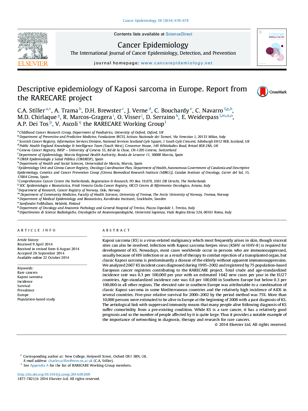 Descriptive epidemiology of Kaposi sarcoma in Europe. Report from the RARECARE project