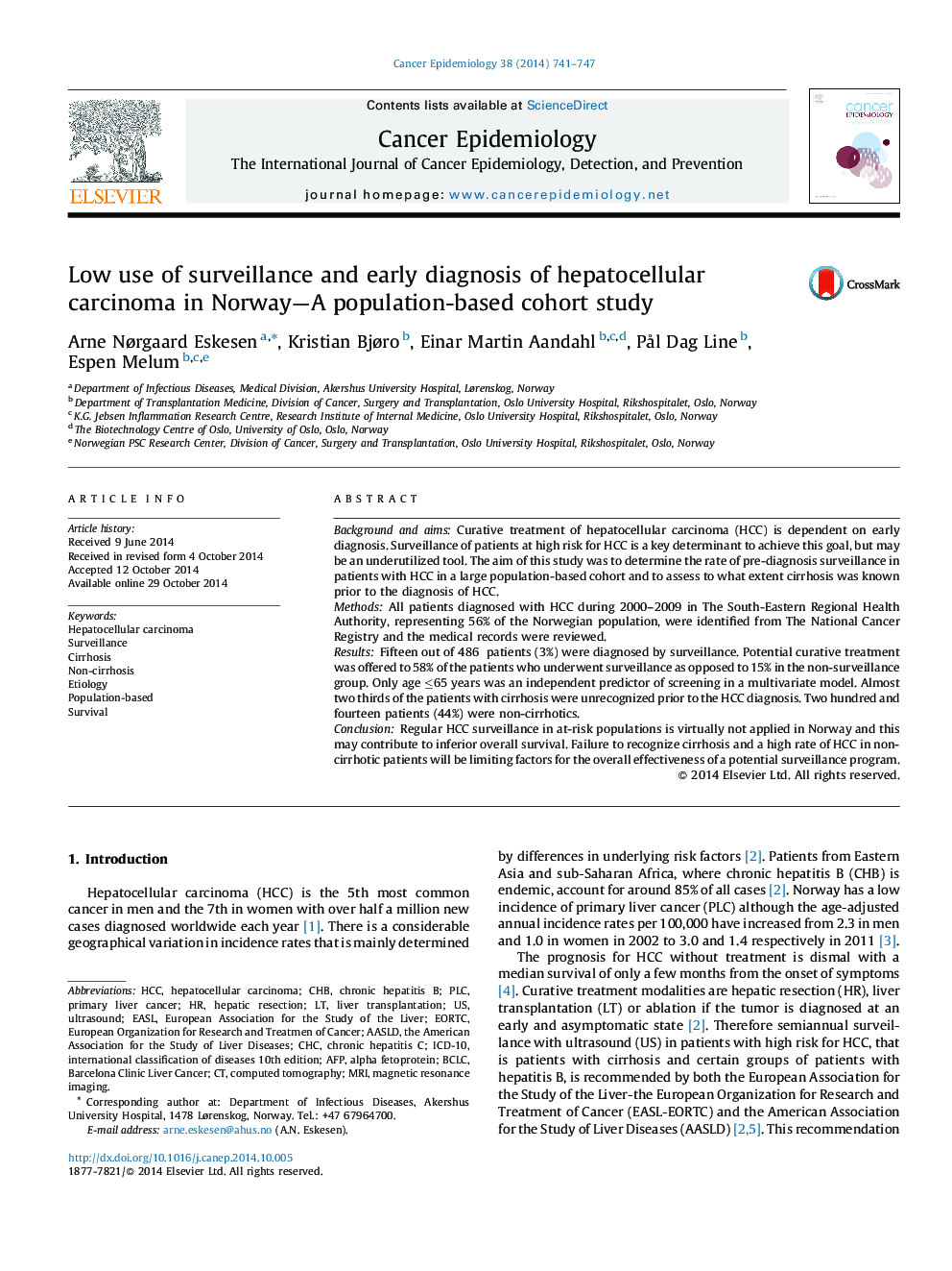 Low use of surveillance and early diagnosis of hepatocellular carcinoma in Norway-A population-based cohort study