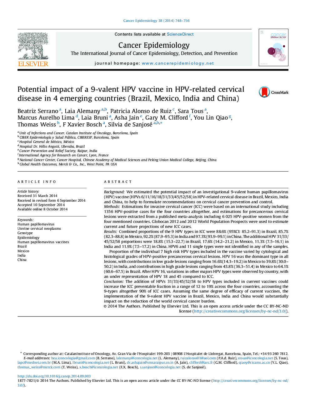 Potential impact of a 9-valent HPV vaccine in HPV-related cervical disease in 4 emerging countries (Brazil, Mexico, India and China)