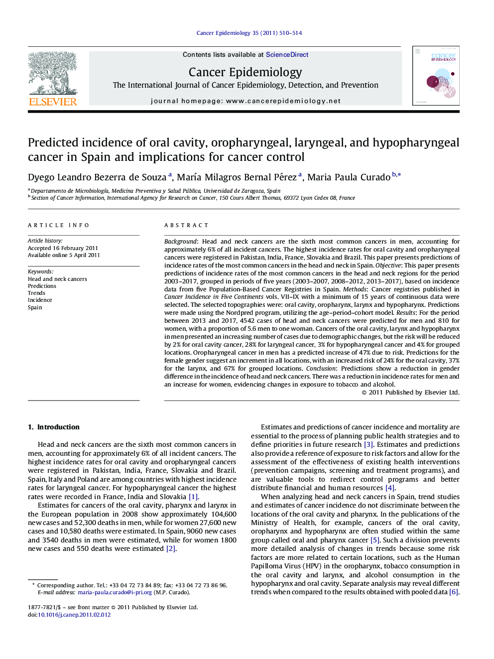 Predicted incidence of oral cavity, oropharyngeal, laryngeal, and hypopharyngeal cancer in Spain and implications for cancer control