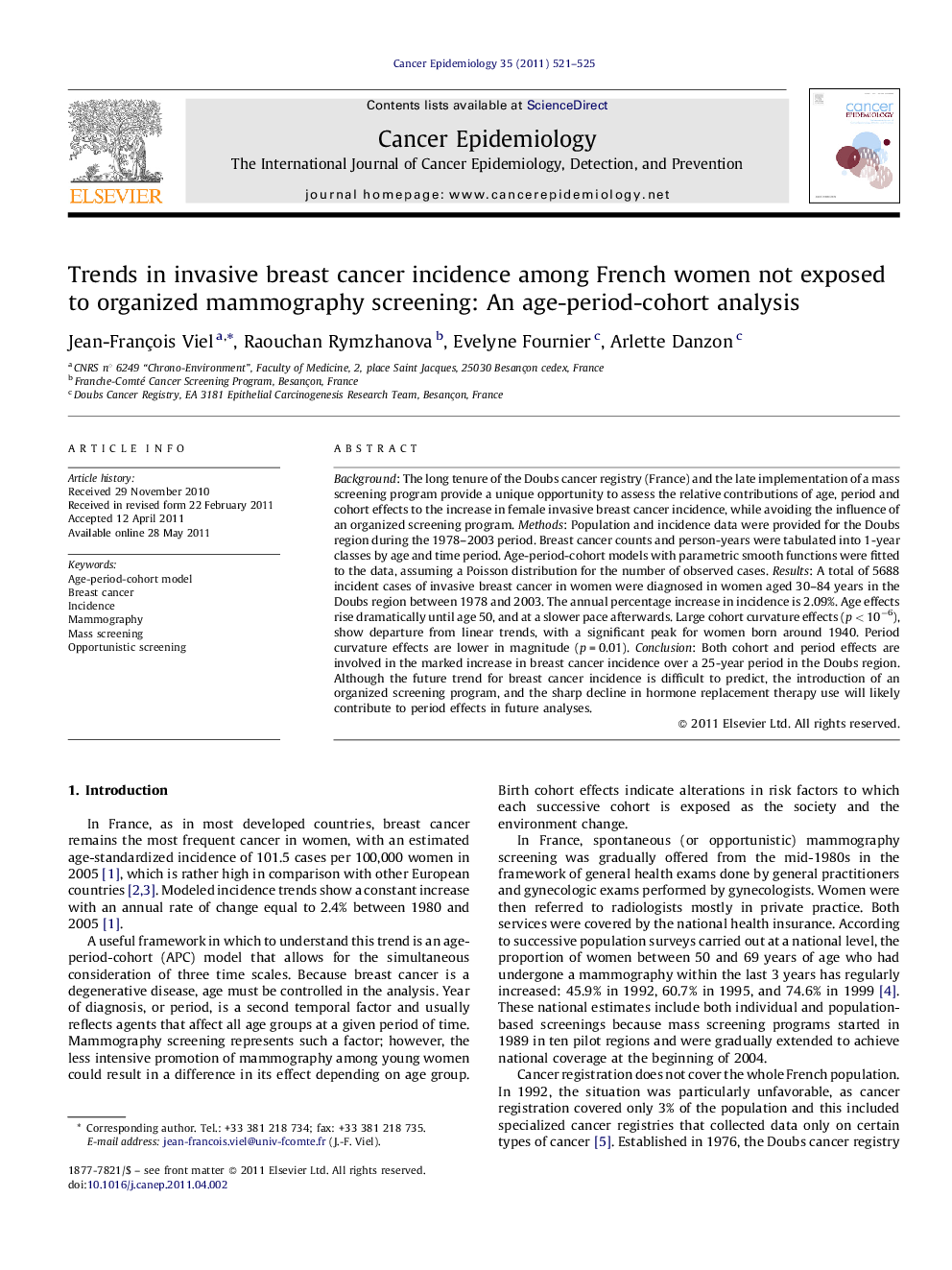 عکس صفحه اول مقاله: Trends in invasive breast cancer incidence among French women not exposed to organized mammography screening: An age-period-cohort analysis Trends in invasive breast cancer incidence among French women not exposed to organized mammography screening: An age-period-cohort analysis