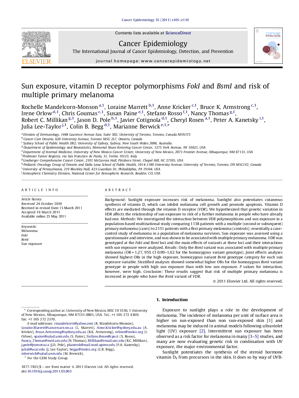 Sun exposure, vitamin D receptor polymorphisms FokI and BsmI and risk of multiple primary melanoma