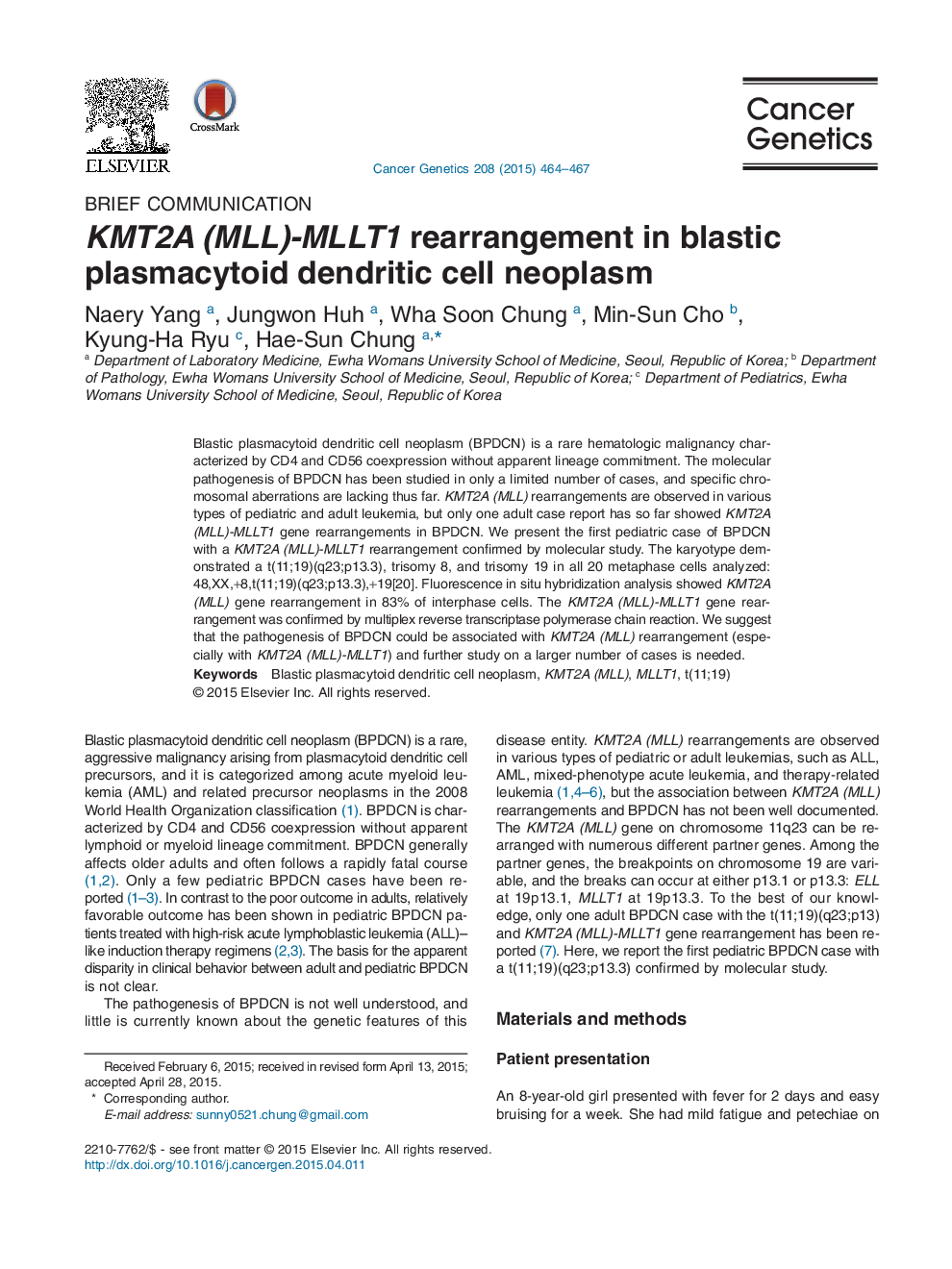 KMT2A (MLL)-MLLT1 rearrangement in blastic plasmacytoid dendritic cell neoplasm