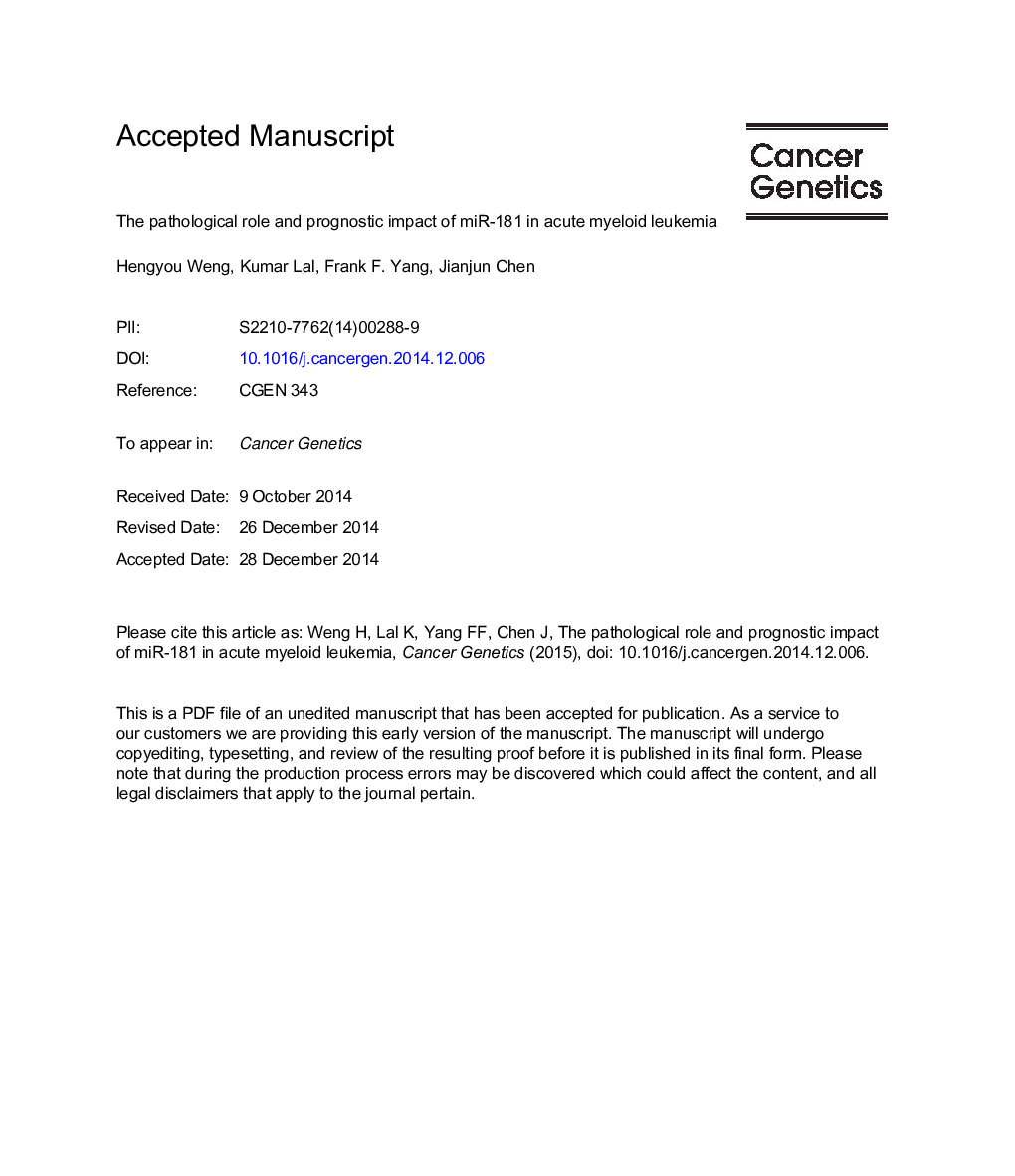 The pathological role and prognostic impact of miR-181 in acute myeloid leukemia