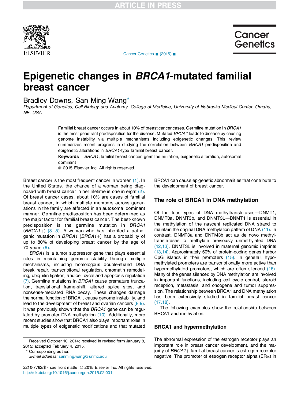 Epigenetic changes in BRCA1-mutated familial breast cancer