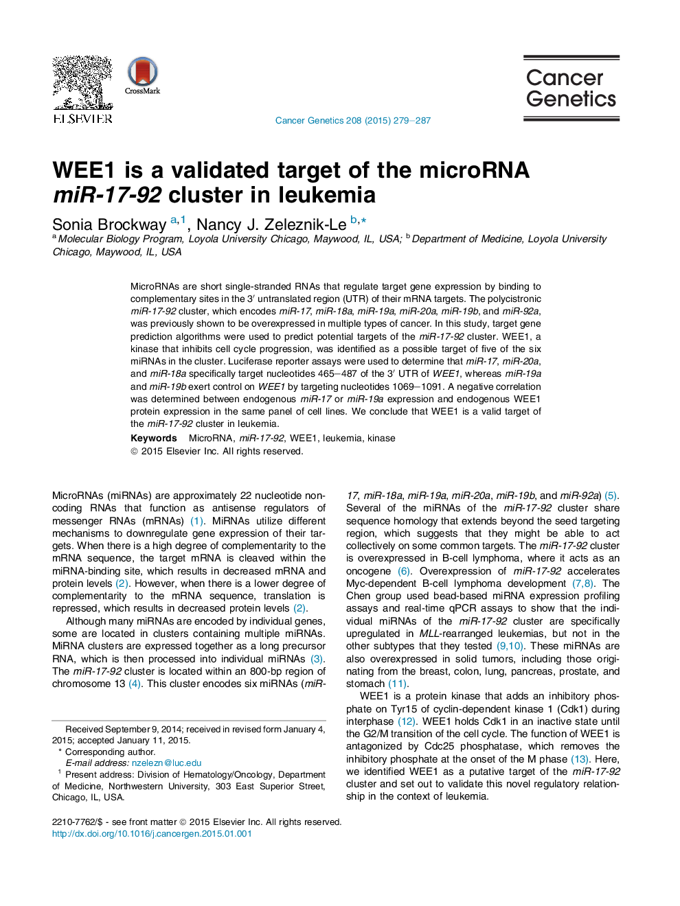 WEE1 is a validated target of the microRNA miR-17-92 cluster in leukemia