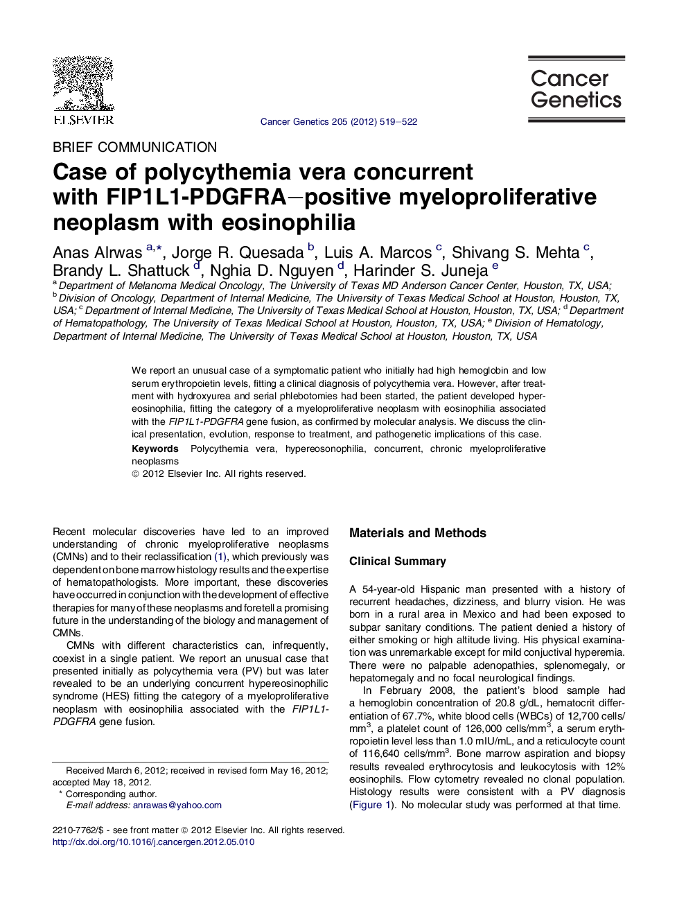 Case of polycythemia vera concurrent with FIP1L1-PDGFRA-positive myeloproliferative neoplasm with eosinophilia