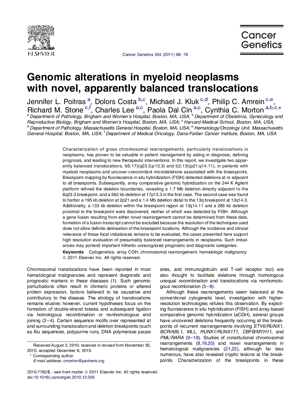 Genomic alterations in myeloid neoplasms withÂ novel, apparently balanced translocations