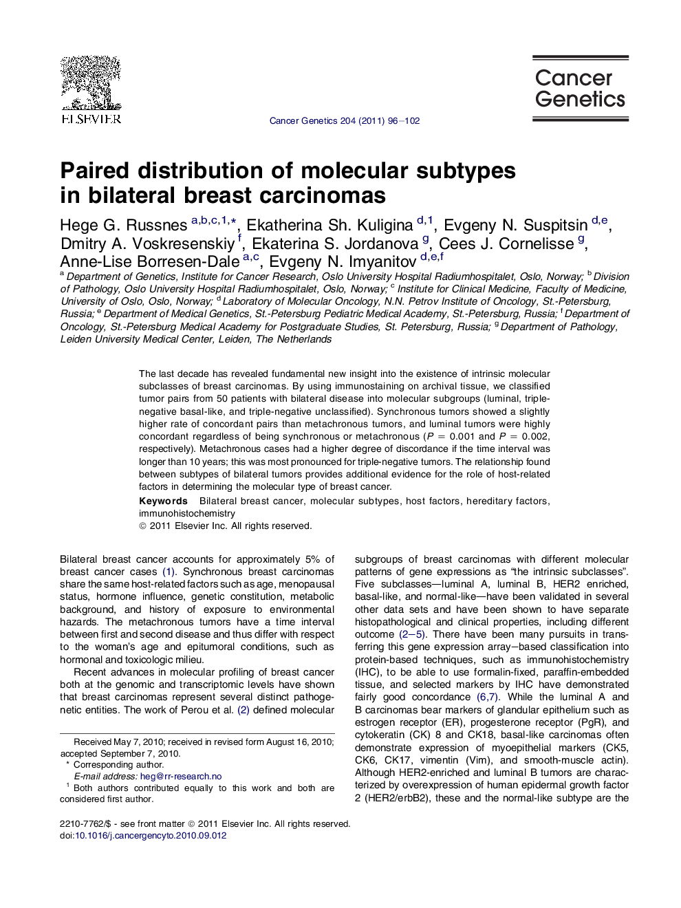 Paired distribution of molecular subtypes in bilateral breast carcinomas