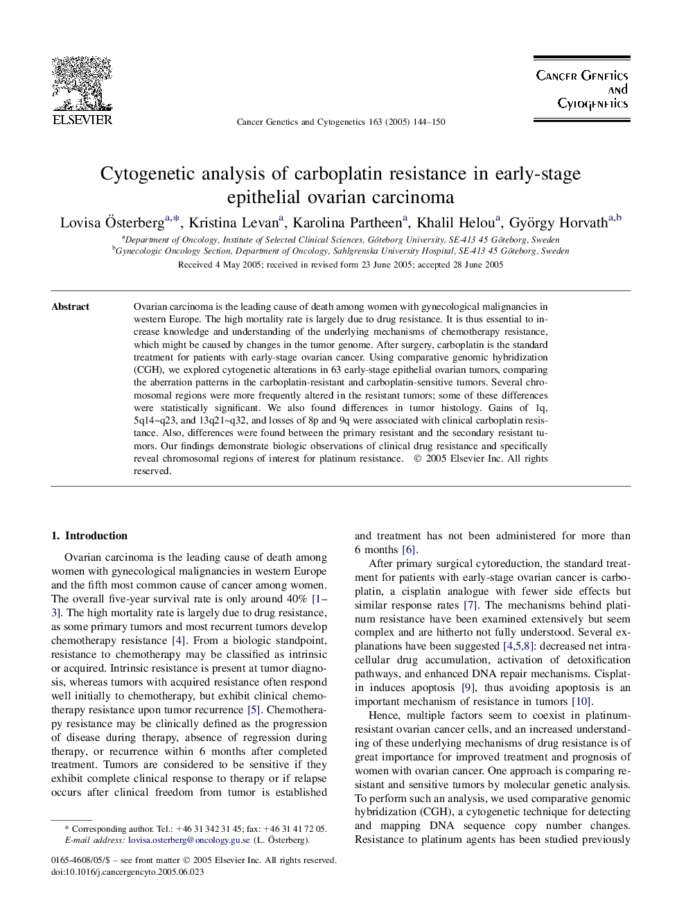 Cytogenetic analysis of carboplatin resistance in early-stage epithelial ovarian carcinoma