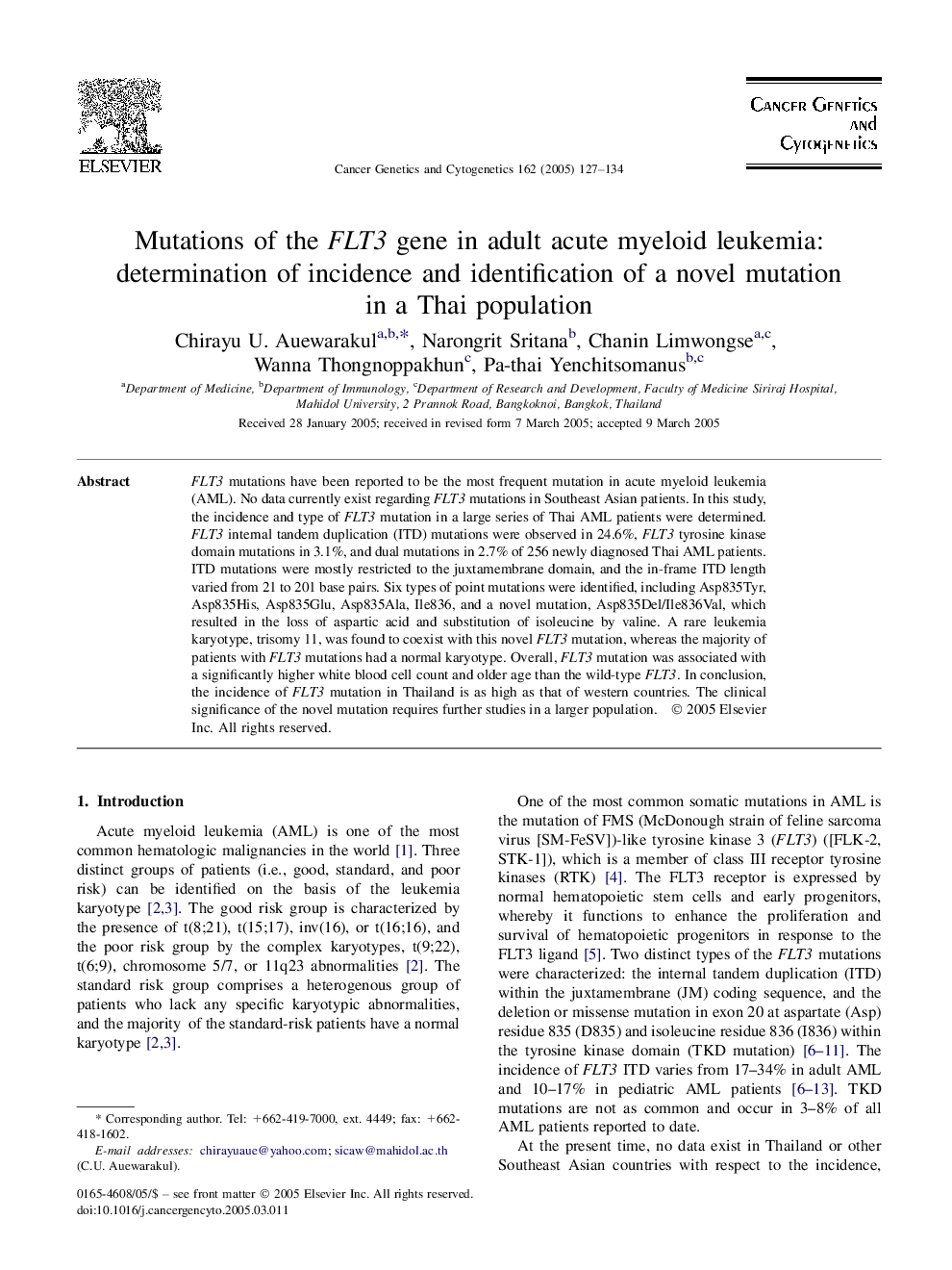 Mutations of the FLT3 gene in adult acute myeloid leukemia: determination of incidence and identification of a novel mutation in a Thai population