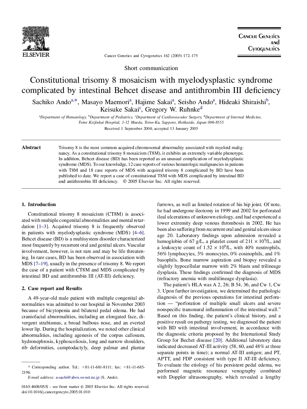 Constitutional trisomy 8 mosaicism with myelodysplastic syndrome complicated by intestinal Behcet disease and antithrombin III deficiency