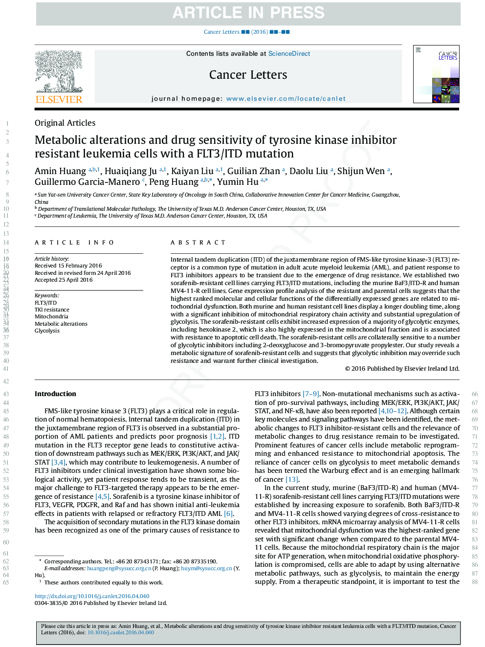 Metabolic alterations and drug sensitivity of tyrosine kinase inhibitor resistant leukemia cells with a FLT3/ITD mutation