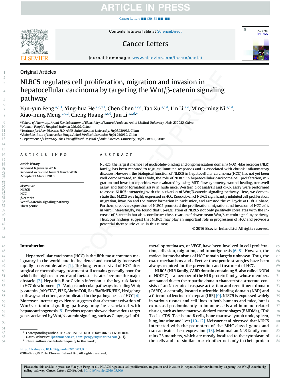 NLRC5 regulates cell proliferation, migration and invasion in hepatocellular carcinoma by targeting the Wnt/Î²-catenin signaling pathway