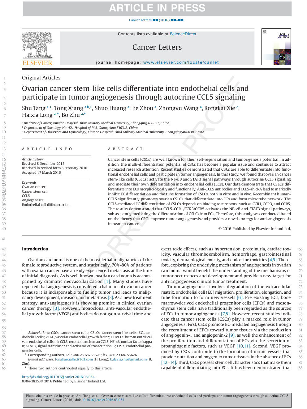 Ovarian cancer stem-like cells differentiate into endothelial cells and participate in tumor angiogenesis through autocrine CCL5 signaling