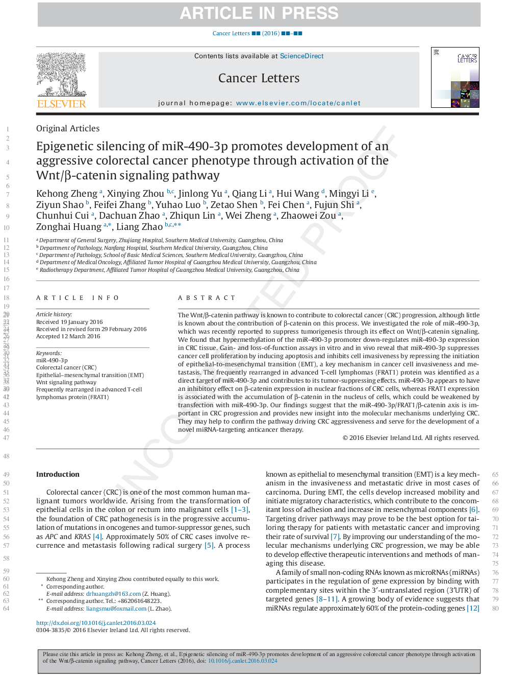 Epigenetic silencing of miR-490-3p promotes development of an aggressive colorectal cancer phenotype through activation of the Wnt/Î²-catenin signaling pathway