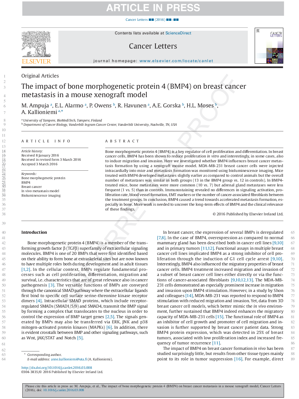 The impact of bone morphogenetic protein 4 (BMP4) on breast cancer metastasis in a mouse xenograft model