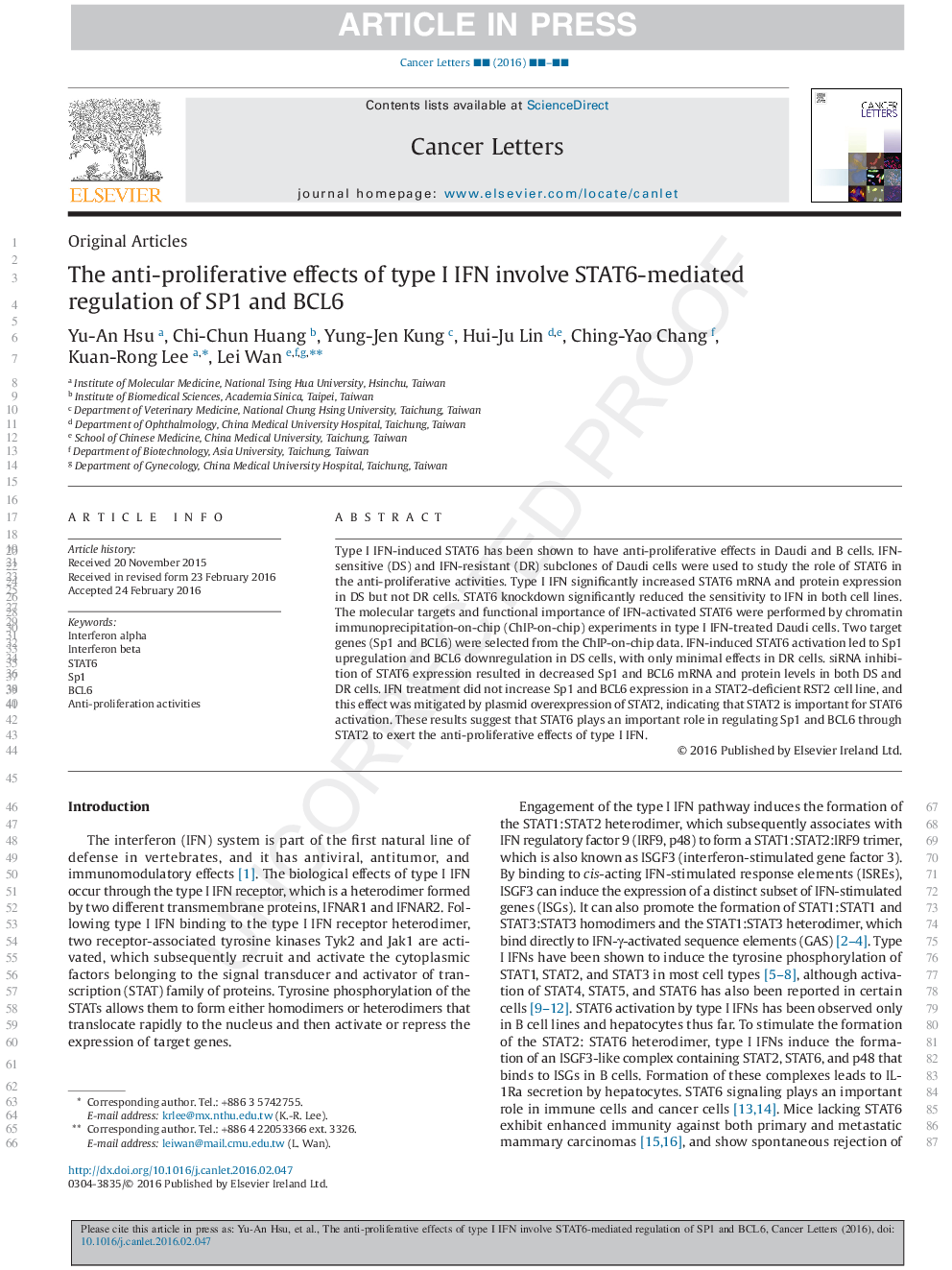 The anti-proliferative effects of type I IFN involve STAT6-mediated regulation of SP1 and BCL6