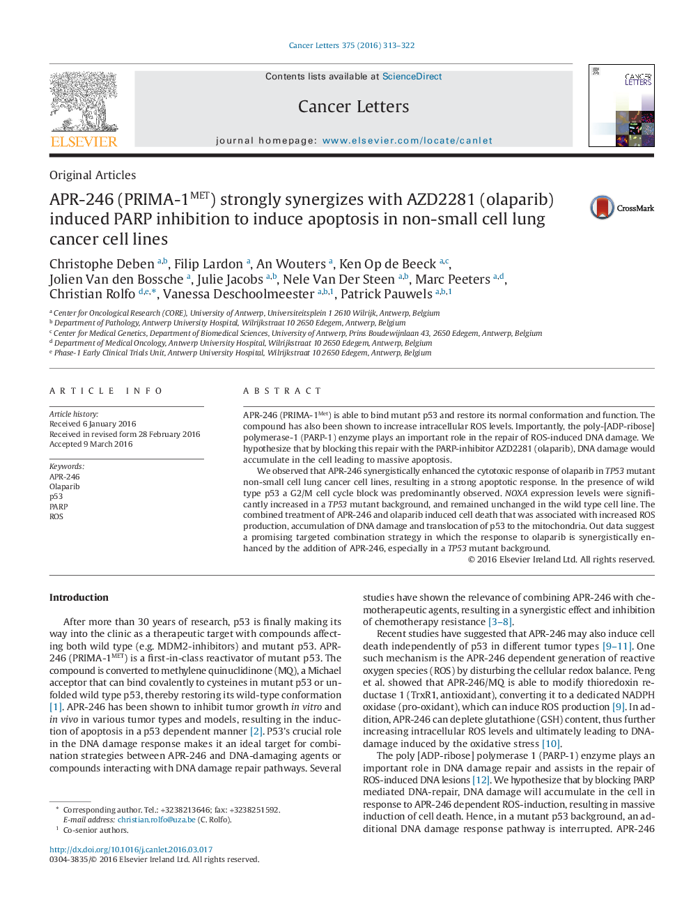 APR-246 (PRIMA-1MET) strongly synergizes with AZD2281 (olaparib) induced PARP inhibition to induce apoptosis in non-small cell lung cancer cell lines