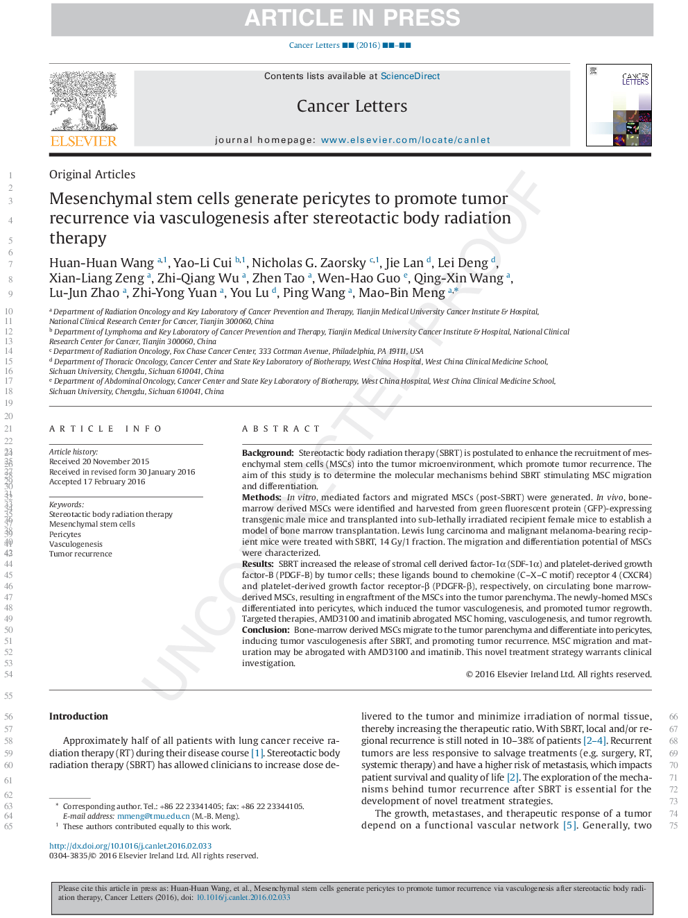 Mesenchymal stem cells generate pericytes to promote tumor recurrence via vasculogenesis after stereotactic body radiation therapy