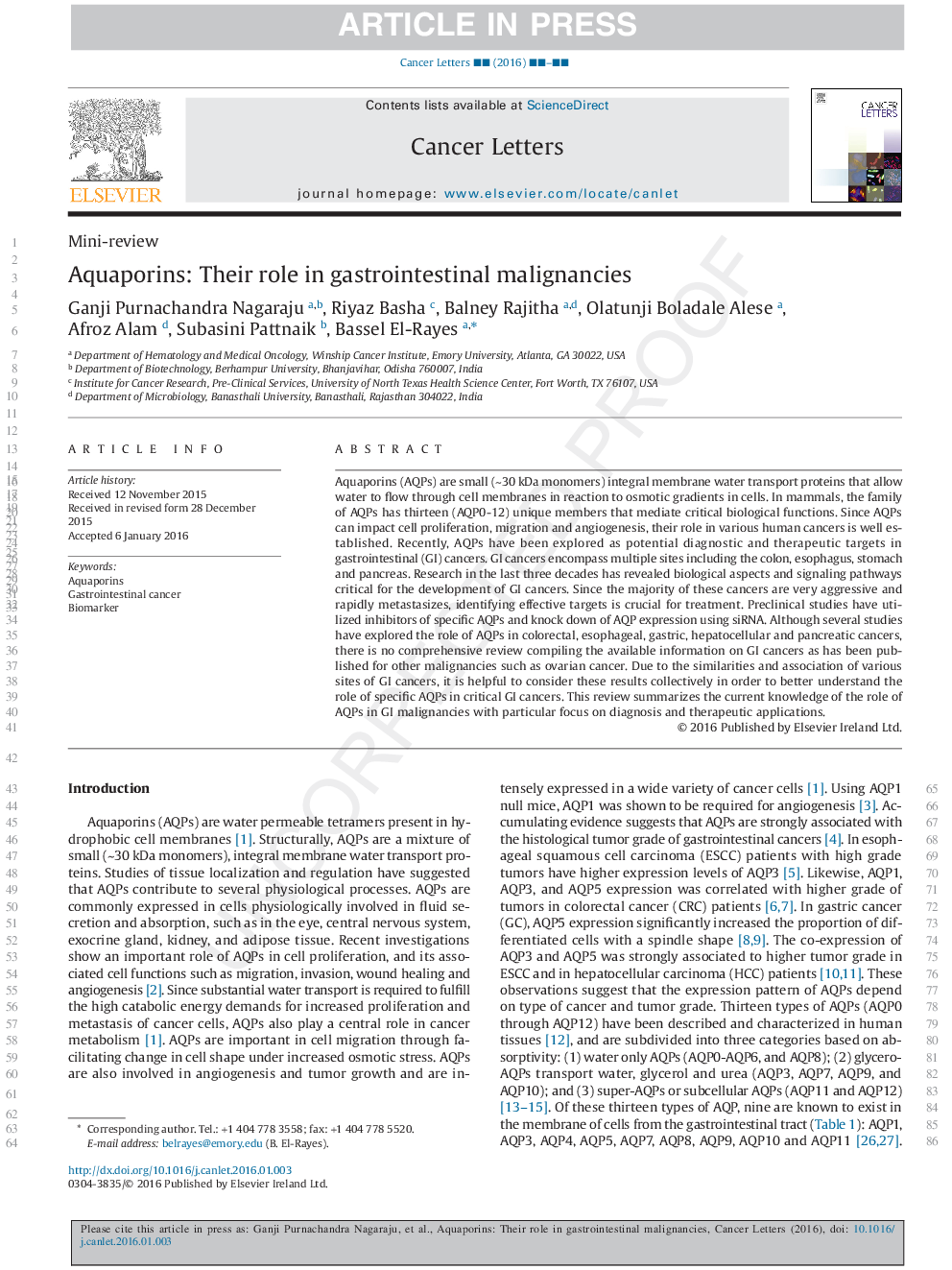 Aquaporins: Their role in gastrointestinal malignancies