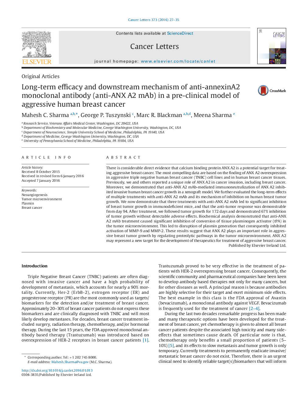 Long-term efficacy and downstream mechanism of anti-annexinA2 monoclonal antibody (anti-ANX A2 mAb) in a pre-clinical model of aggressive human breast cancer