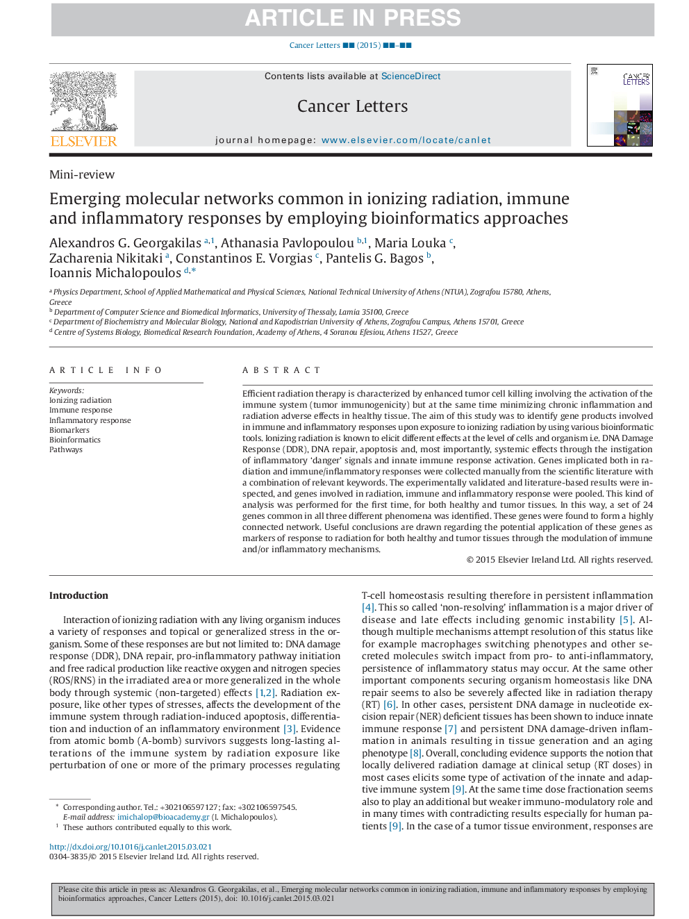 Emerging molecular networks common in ionizing radiation, immune and inflammatory responses by employing bioinformatics approaches