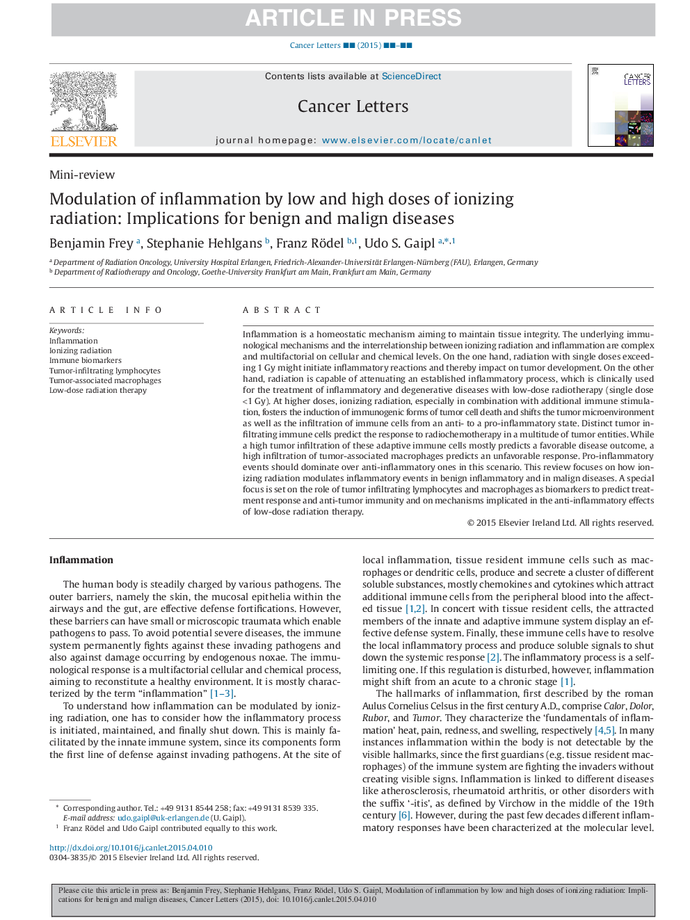 Modulation of inflammation by low and high doses of ionizing radiation: Implications for benign and malign diseases