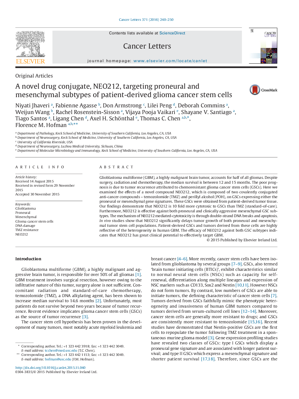 A novel drug conjugate, NEO212, targeting proneural and mesenchymal subtypes of patient-derived glioma cancer stem cells