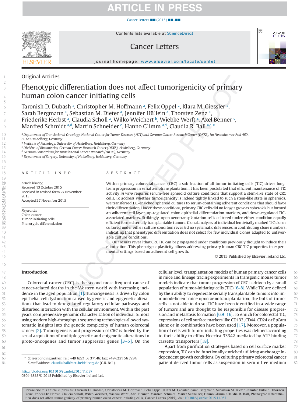 Phenotypic differentiation does not affect tumorigenicity of primary human colon cancer initiating cells